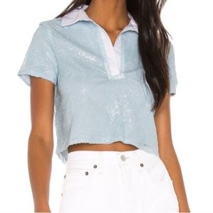 Revolve / Superdown Sequin Collared White / Blue Crop Top XXS